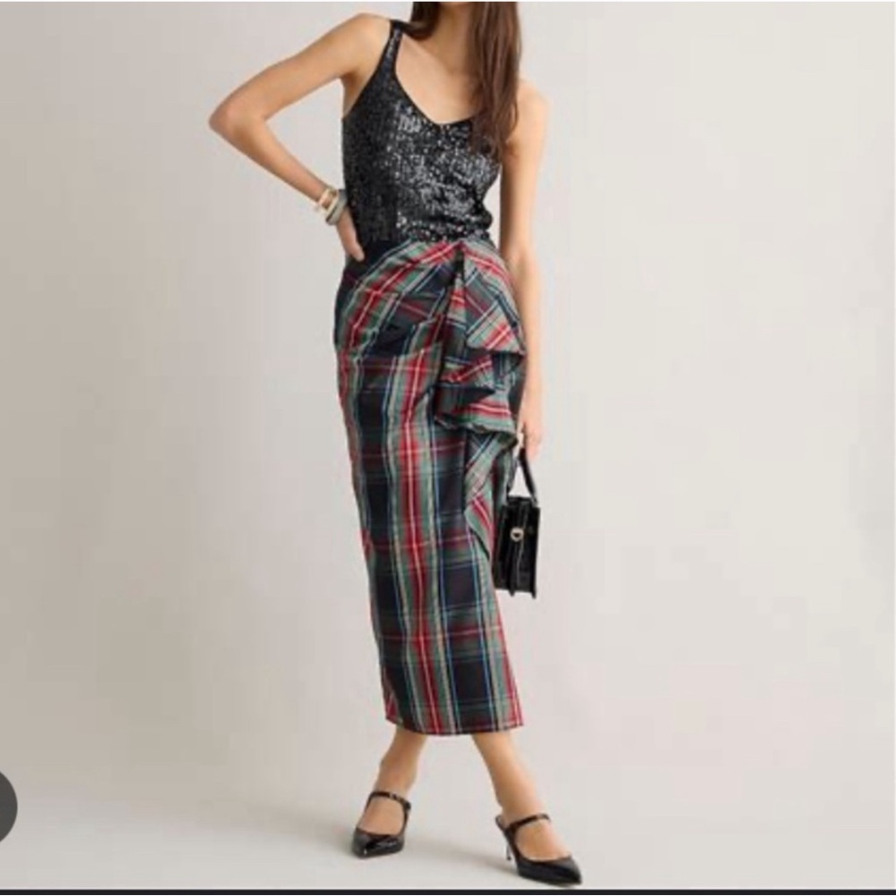 Brand NWT J. Crew Tartan Plaid Ruffle Midi Skirt Sz12